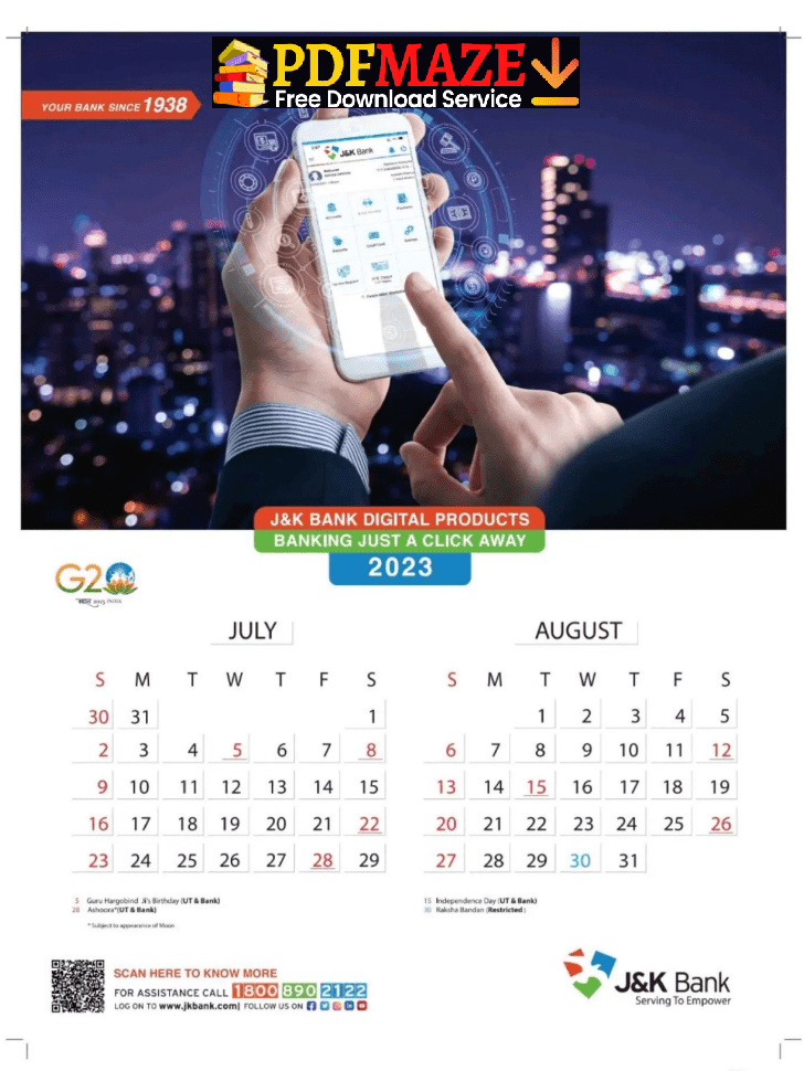 JK Bank Calendar for July and August Month 2023