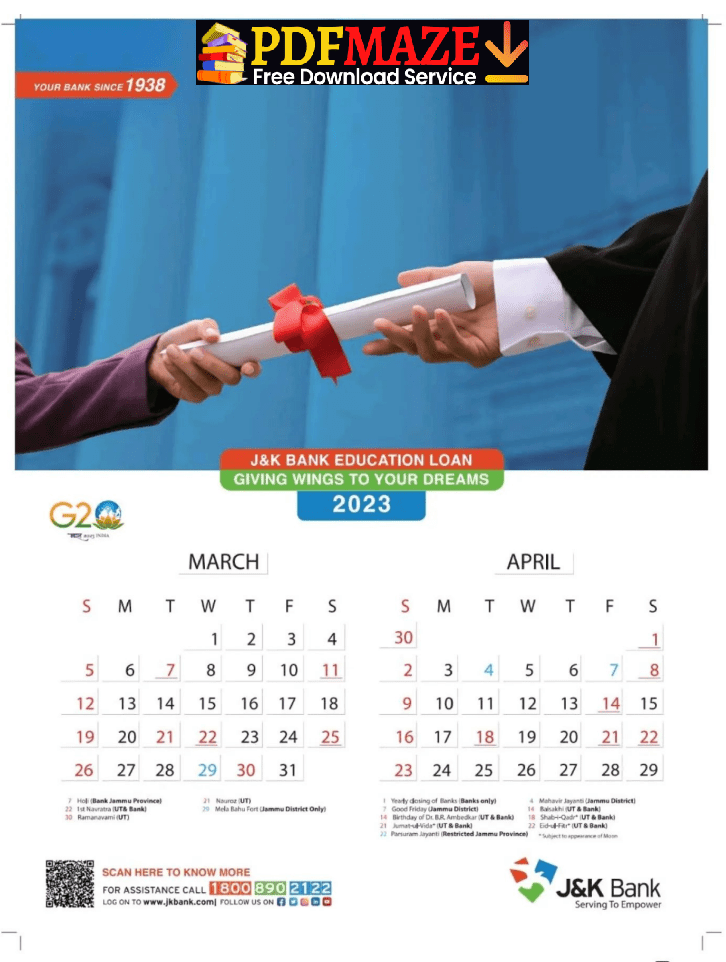 JK Bank Calendar for March and April Month 2023