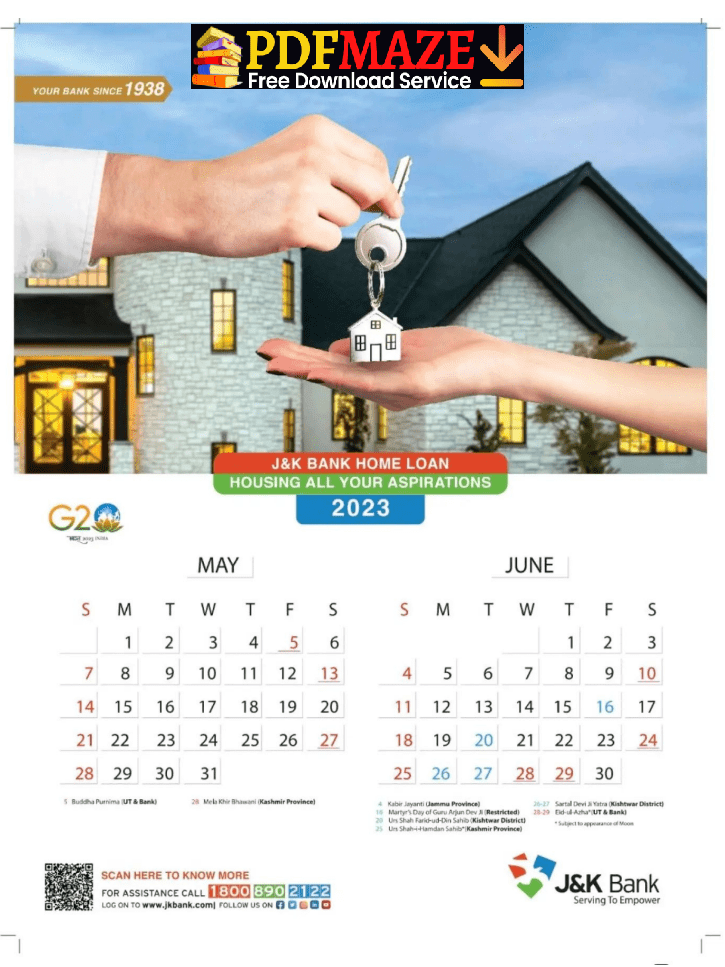 JK Bank Calendar for May and June Month 2023