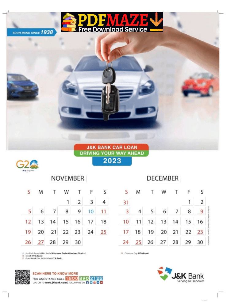 JK Bank Calendar for November and December Month 2023