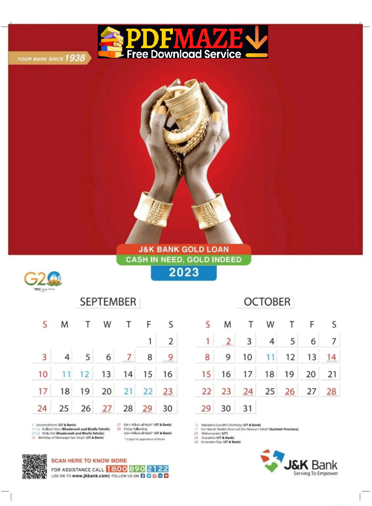 JK Bank Calendar for September and October Month 2023